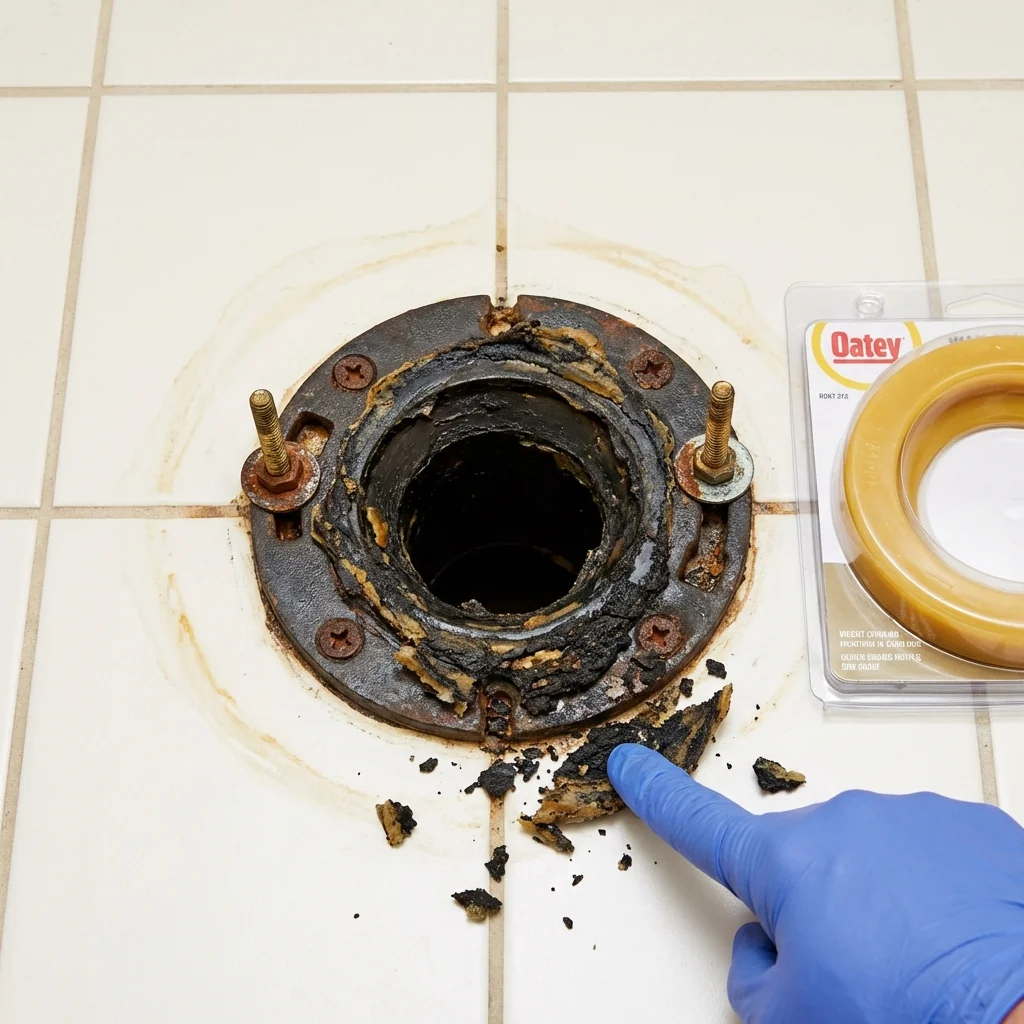 Failed wax ring showing water seepage at the base of a toilet in a Sheridan, AR home