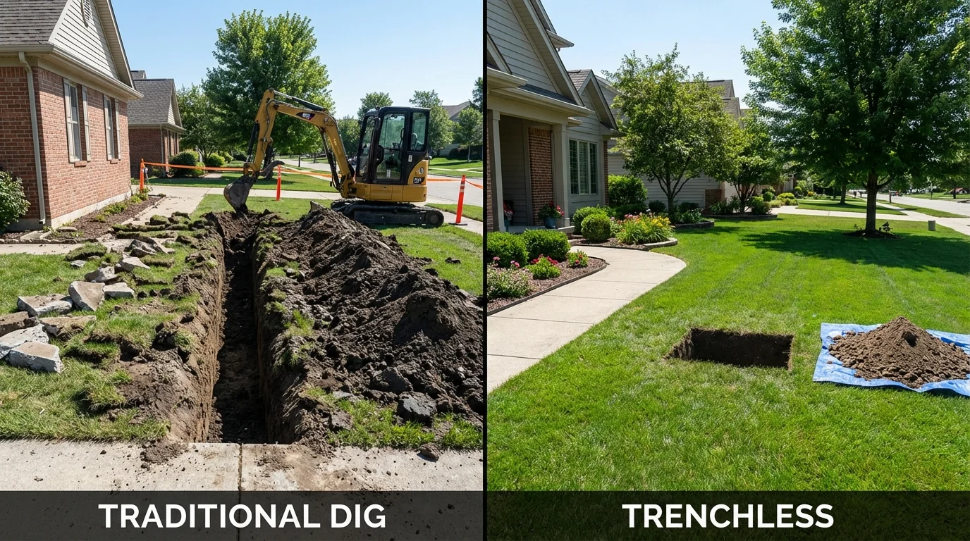 Trenchless sewer repair with minimal yard damage versus traditional excavation in Sheridan, AR