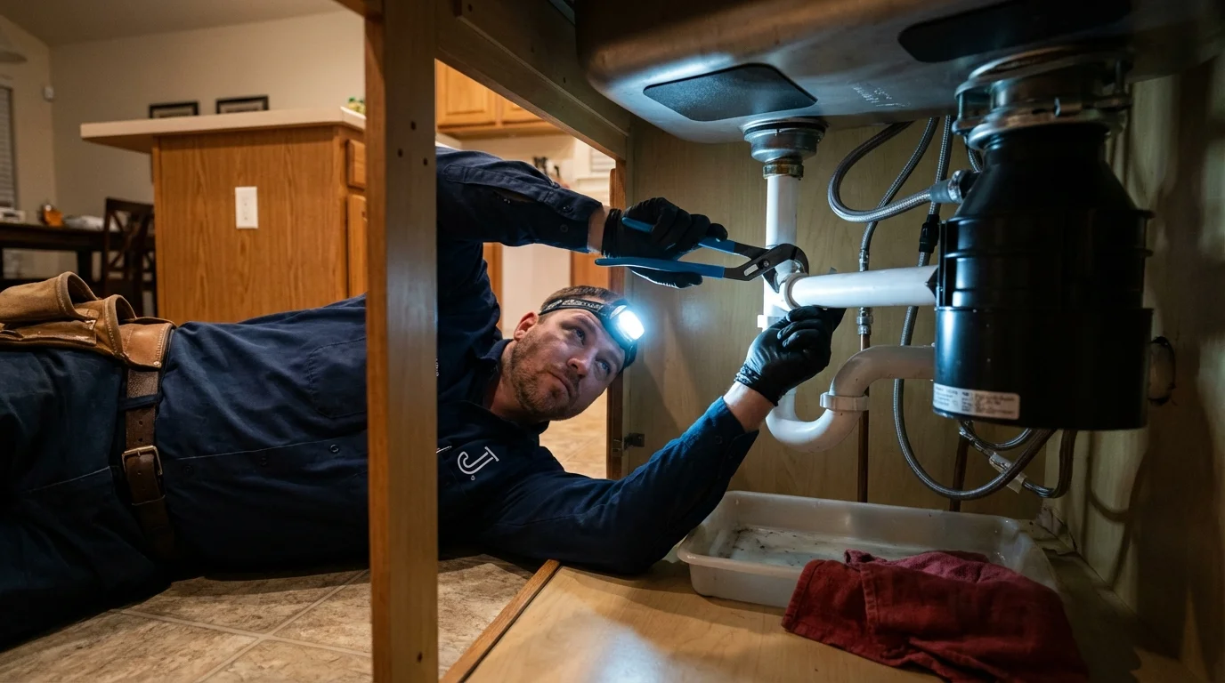 P-trap and supply line connections under a kitchen sink showing a common leak point in Sheridan, AR